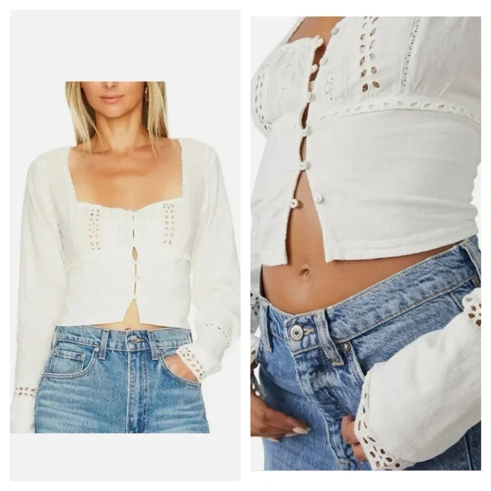 FREE PEOPLE JOI eylet crop blouse top ivory Lace-Trimmed Women's Top size XS